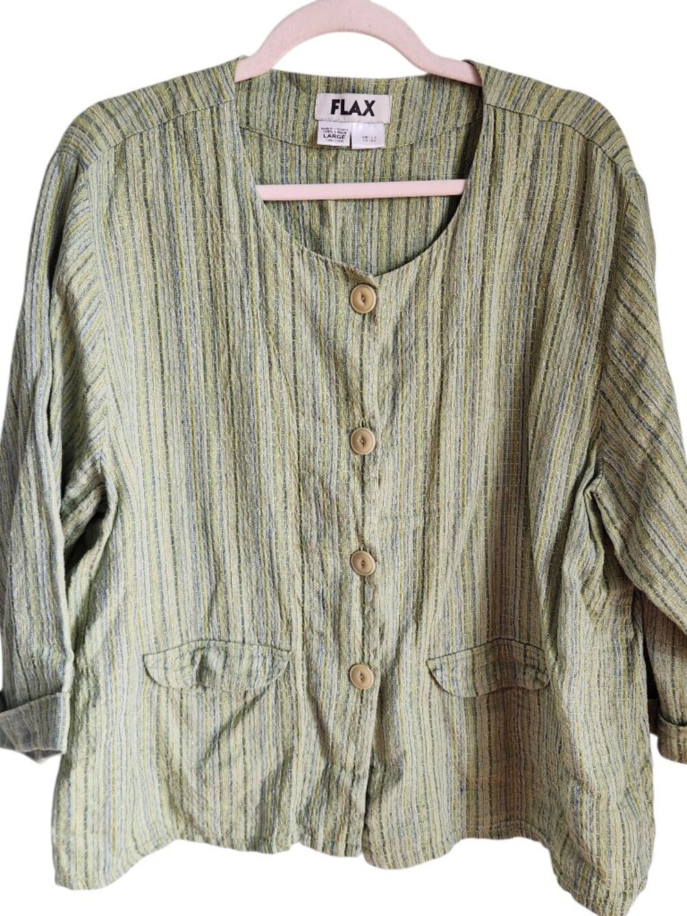 Flax Shirt Jacket Green Large Women's Pockets Button 100% Linen 3/4 Sleeve